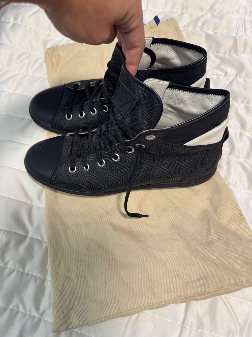 Louis Vuitton Damier Graphite High-Top Sneakers with White Heel Accent
